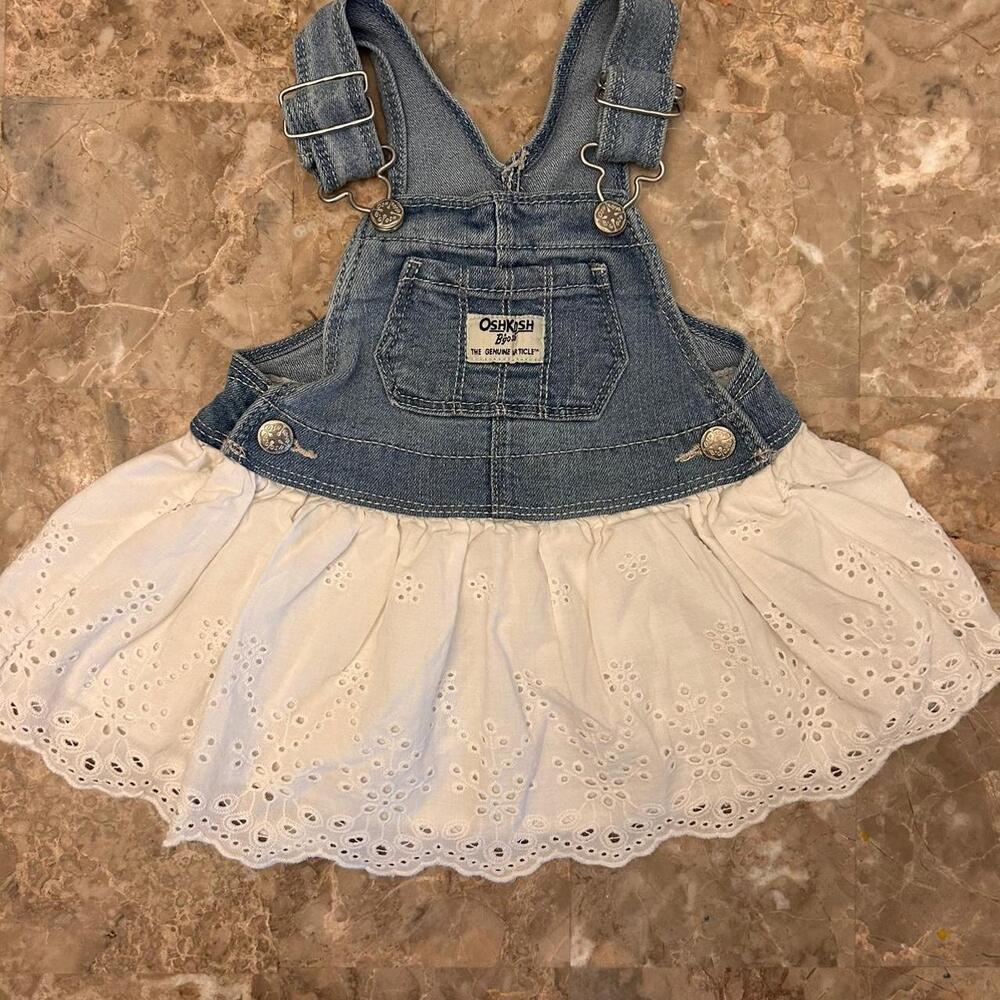 OshKosh B'gosh Baby Girl Denim & White Eyelet Lace Pinafore Dress - 6 MONTH